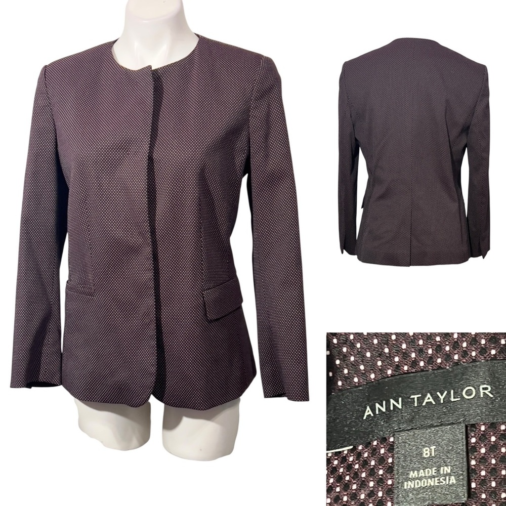 Ann Taylor Blazer 8T Dark Purple beige polka dot long sleeve snap button office - Picture 1 of 7